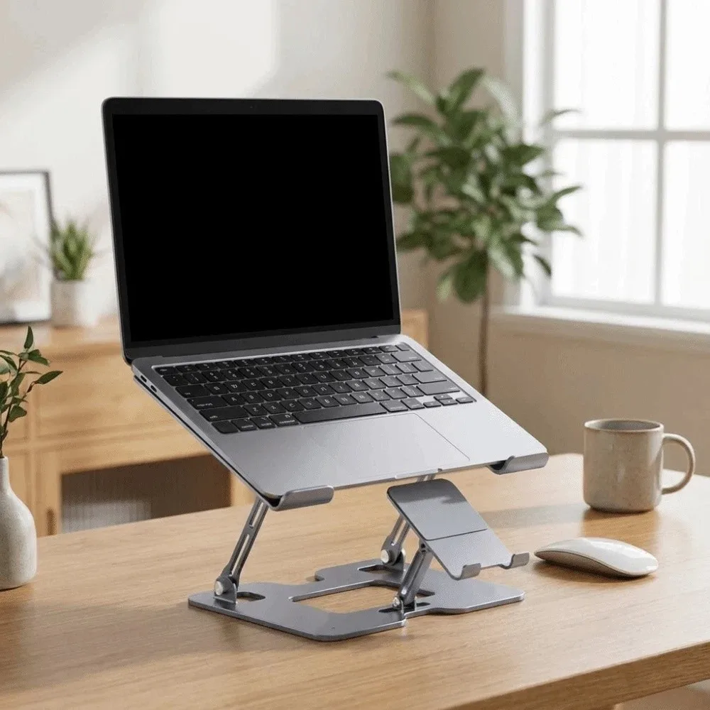 2-in-1 Laptop Stand Phone Holder Ergonomic Carbon Steel Laptop Cooling Stand Heavy Duty Liftable Notebook Rack Office Work