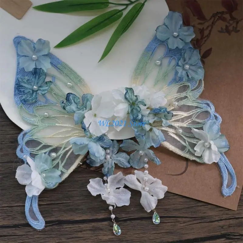 

G5GC Handmade Silk Flower Butterfly Hair Clip Elegant Han Costume Hair Barrettes with Fringed Flower for Stage Costume
