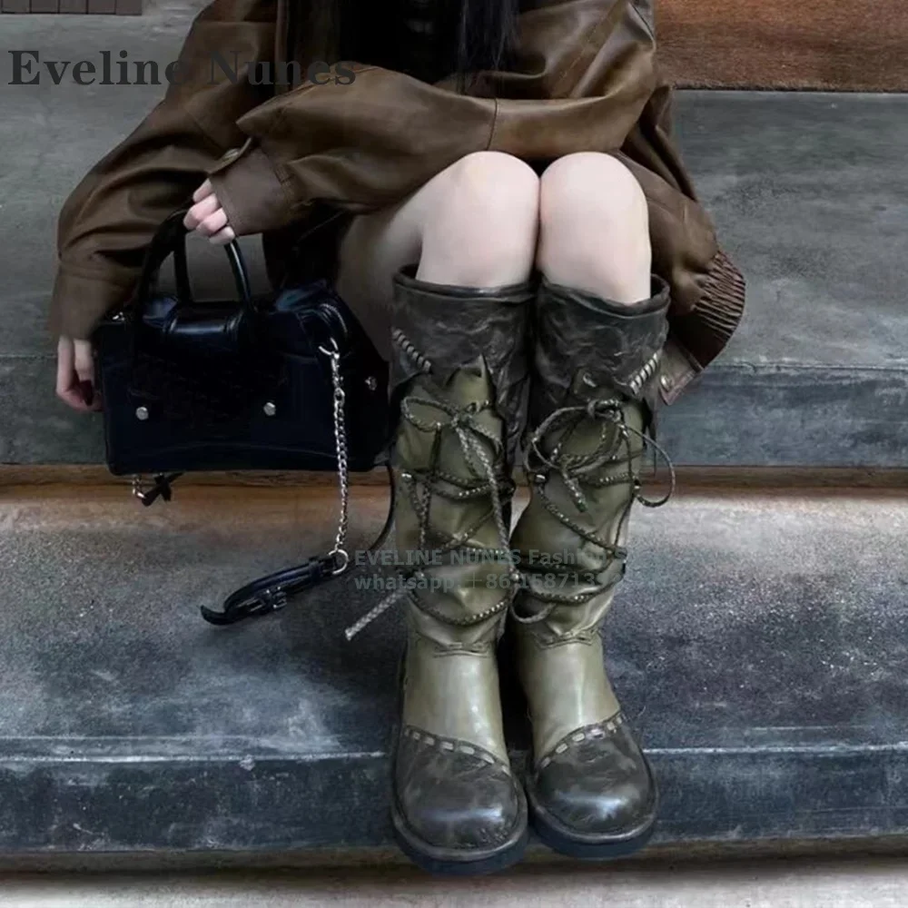 Cross Tied Rivet Patchwork Retro Slouch Boots Round Toe Low-Heel Street Wasteland Style Western Cowboy Boots Punk 2024 Winter