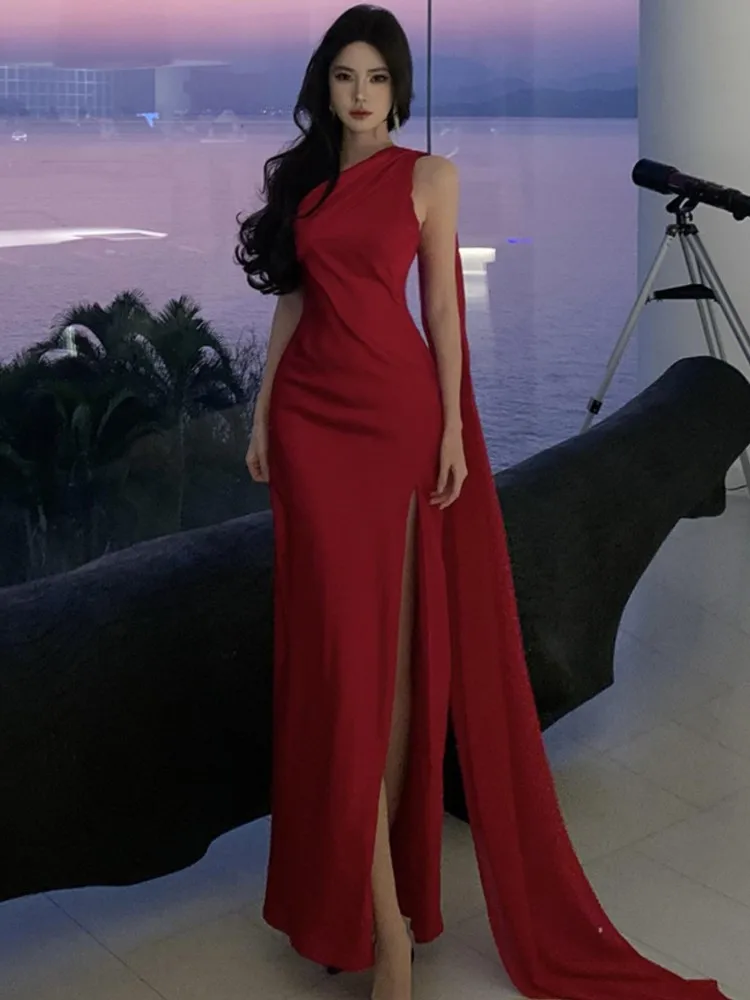 

Sexy Halter Backless Womens Dresses Elegant Diagonal Collar Sleeveless Wedding Evening Party Dress Split Vestidos Female Robe