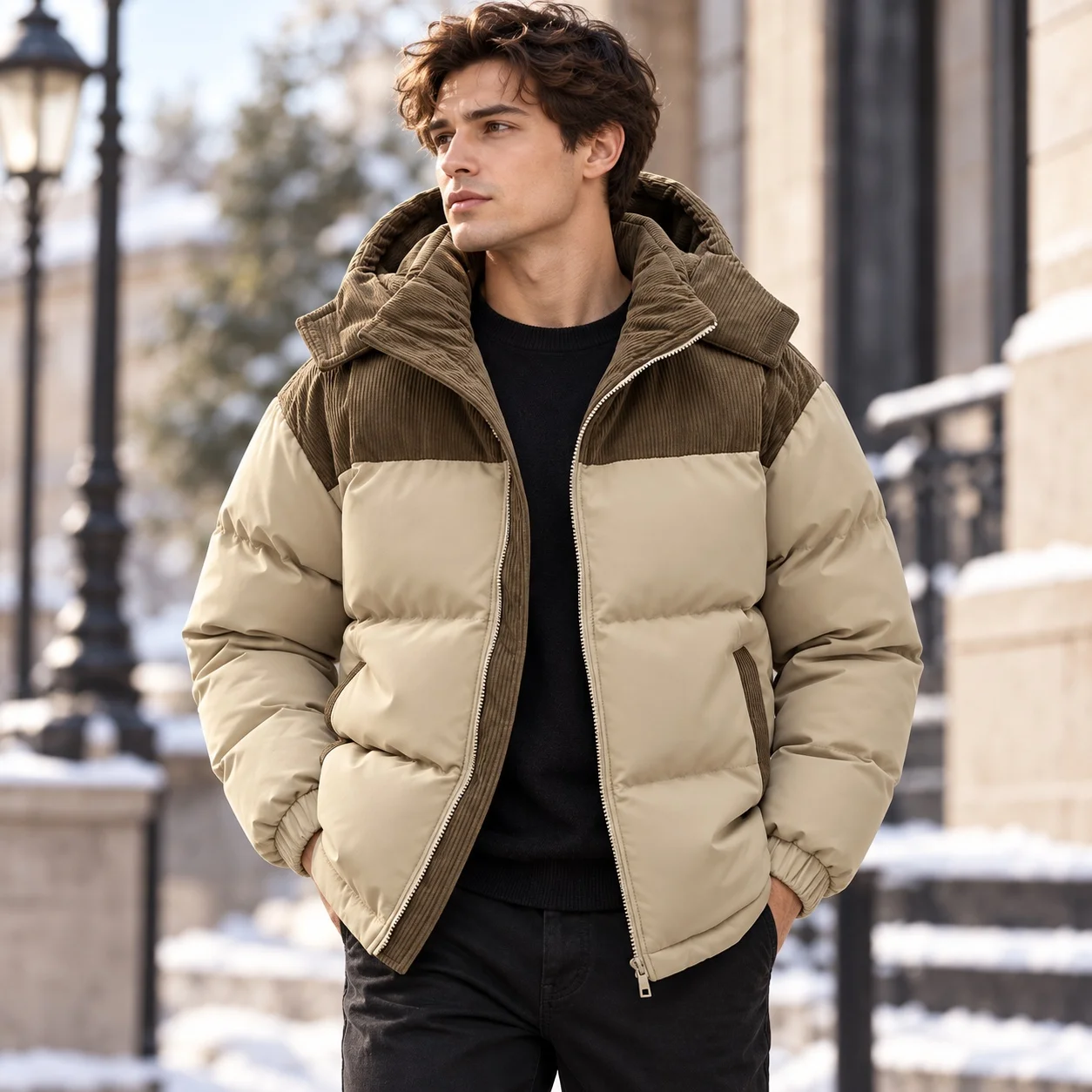 Hooded Loose Fit Cardigan Simple with Regular Length Zipper Closure Detachable Hood Side Seam Pockets Winter for Men