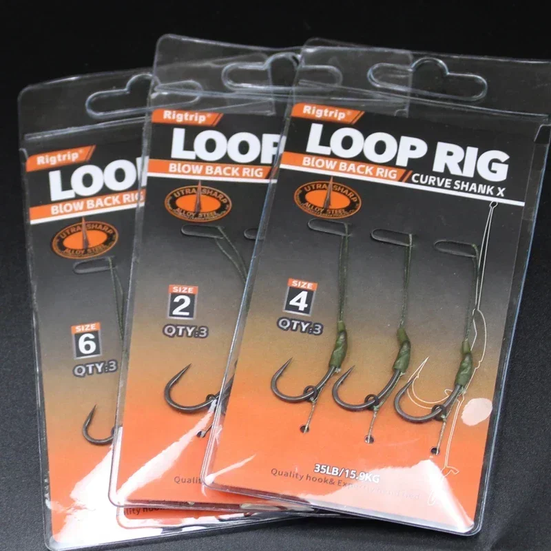 3 Pieces Carp Fishing Loop Rig 35lb/15.9kg Micro Barbed Alloy Steel Shank Hook Ready-Tied Soft Hook Link Sections For Tackle