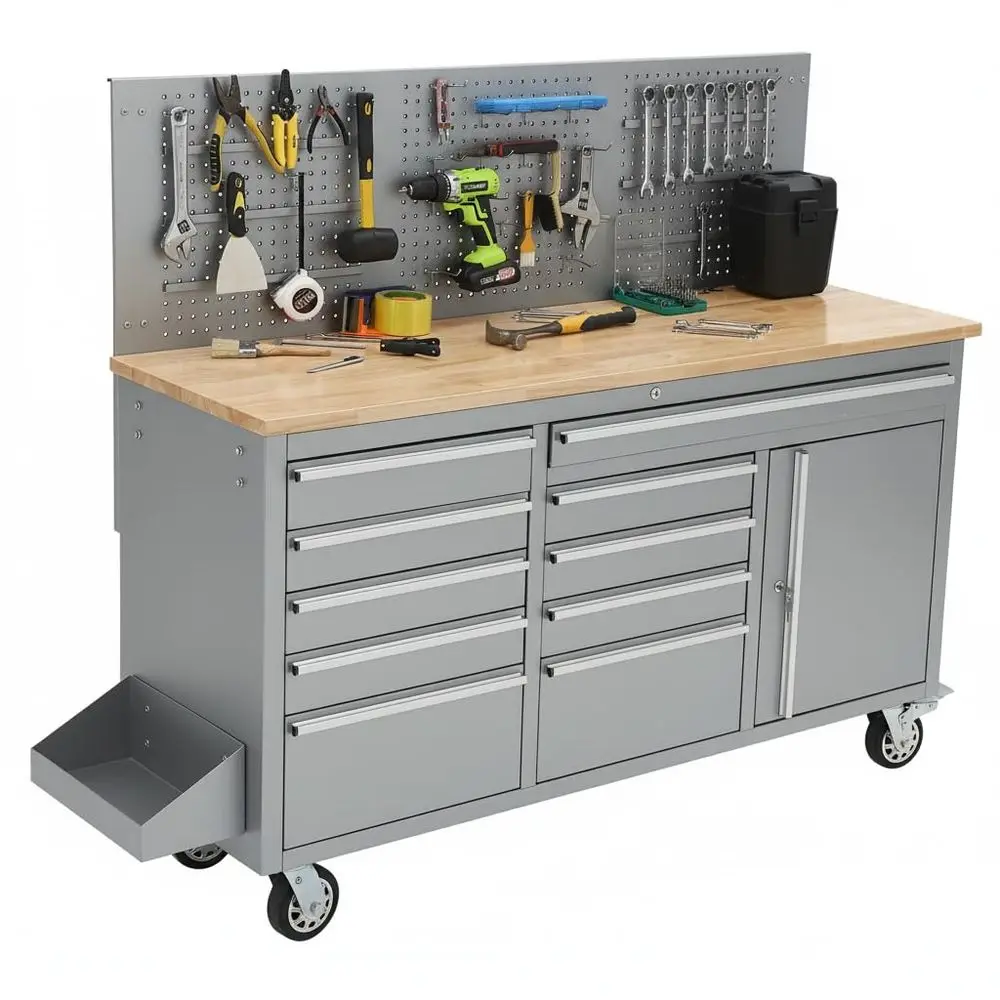 61inch Rolling Tool Chest, 10 Drawers Garage Workbench Storage Tool Cabinet with Power Strip, Solid Rubber Wood Top, 1675 LBS L