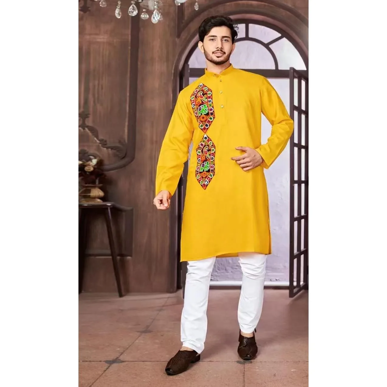 2026 Stand Collar Muslim Shirt Men Clothes Folk Kaftan Musulman Kurta Indian Islamic Clothing National Printed National style