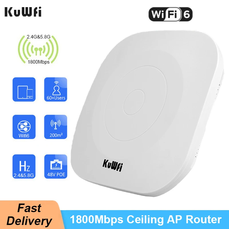 KuWFi Teto AP WIFI 6 1800Mbps Sem Fio 5.8G e 2.4G WIFI Router Ponto de Acesso WiFi Amplificador de Sinal AP Interno com 48V POE Power