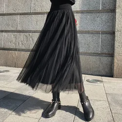 wang sha qun Long Pleated Skirt High-Waisted A- line Skirt Woman Skirts Mujer Faldas Saias Mulher