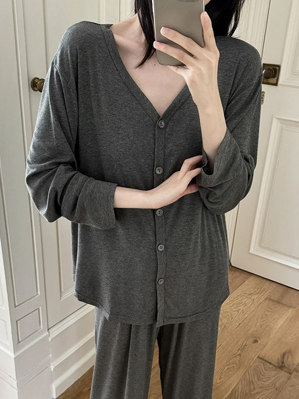 Women's Long Sleeve Sleepwear Set Modal Cotton Comfortable Home Clothes Outwear Deep Grey Spring Autumn New Style Casual Style