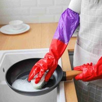 1Pair Long Rubber Velvet Household Gloves Dishwashing Rubber Waterproof Antiskid Thicken Warm Gloves Scrubber Kitchen Clean Tool