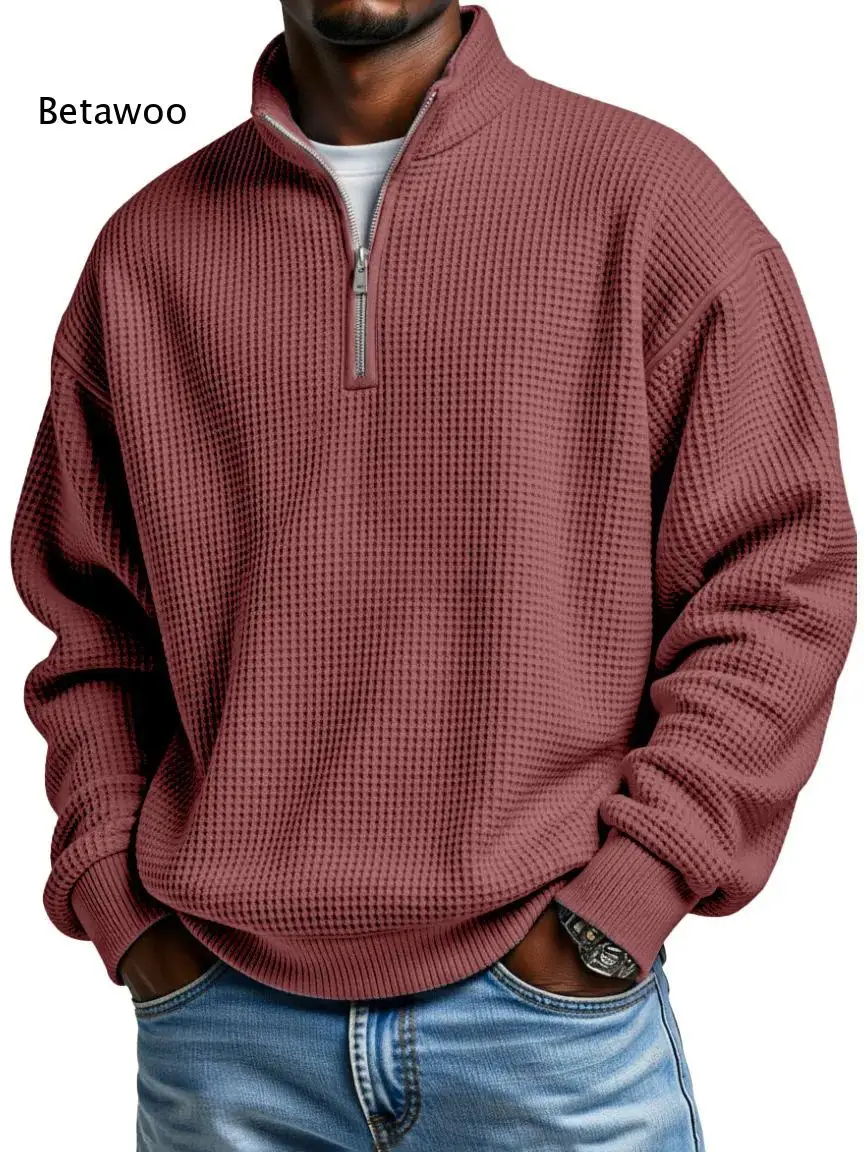 Men Loose Fit Waffle Knit Half Zip Pullover Long Sleeve Stand Collar Sweatshirt For Daily Commute And Outdoor Leisure Activities