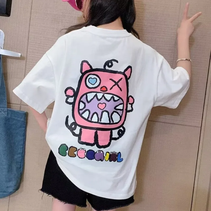 2023 Summer Kids Clothes Sweet Cool Girl T Shirt Short Sleeve Tops 100% Cotton FashionStreet style O-Neck  T-shirt for Children