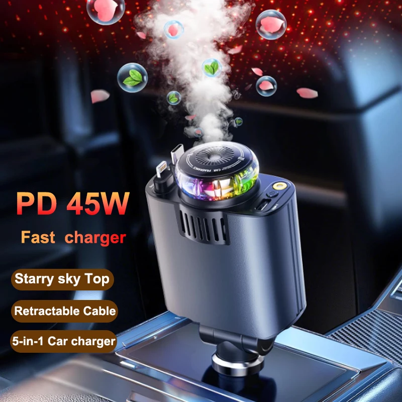 

45W 5 in 1 Car Charger with Retractable Cable& Air Freshner USB/Type C Aroma Starlight Car Adapter USB/Type C PD3.0 For Phone
