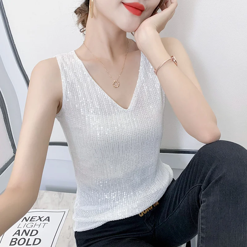 #7108 nero bianco paillettes canotta donna scollo a v Sexy Slim canotte senza maniche estate Basic Party Top Femme sottile S-3XL