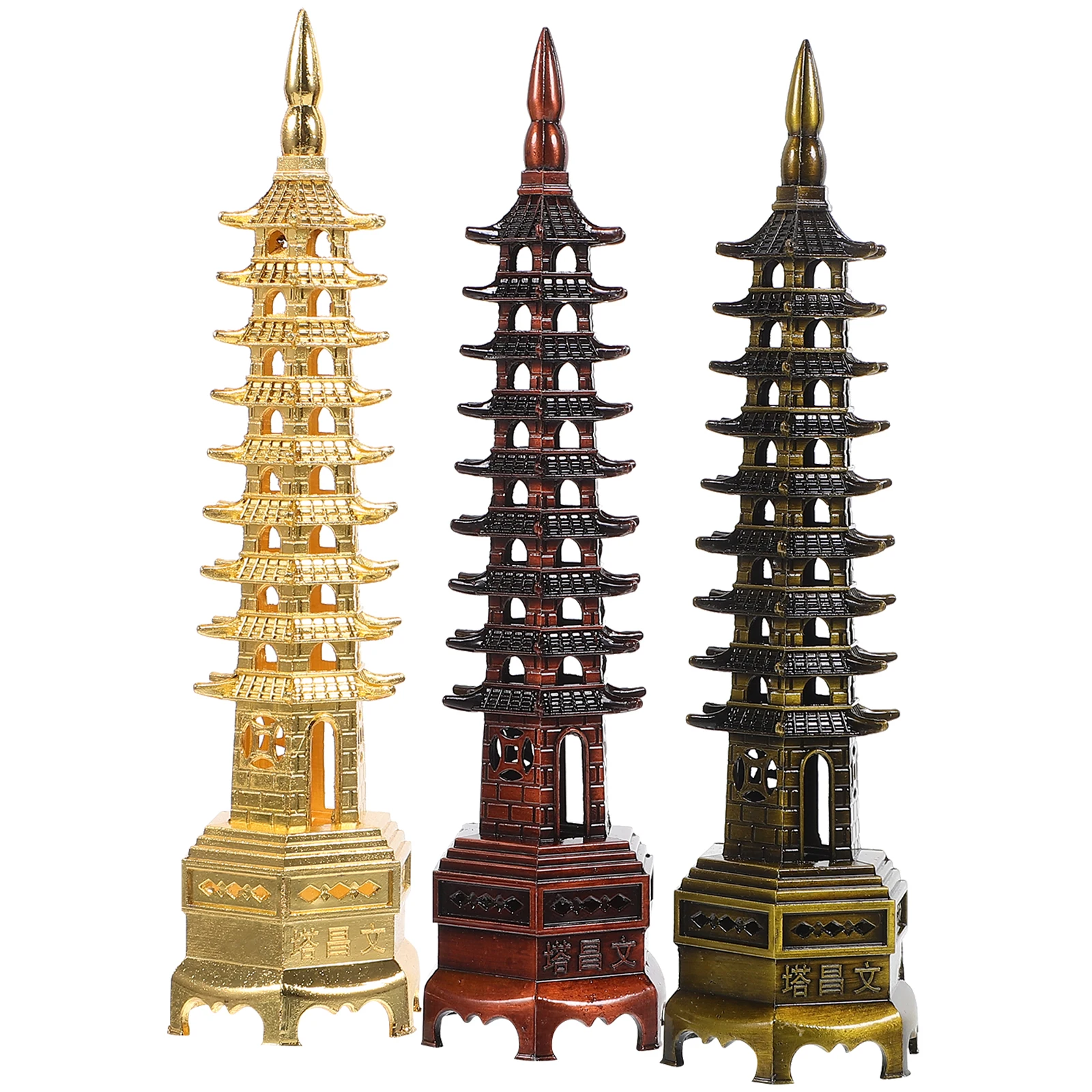 

3pcs Vintage Zinc Alloy Wenchang Pagoda Desktop Decor Home Office Feng Shui Ornament Tower Statue Architecture Craft Tabletop