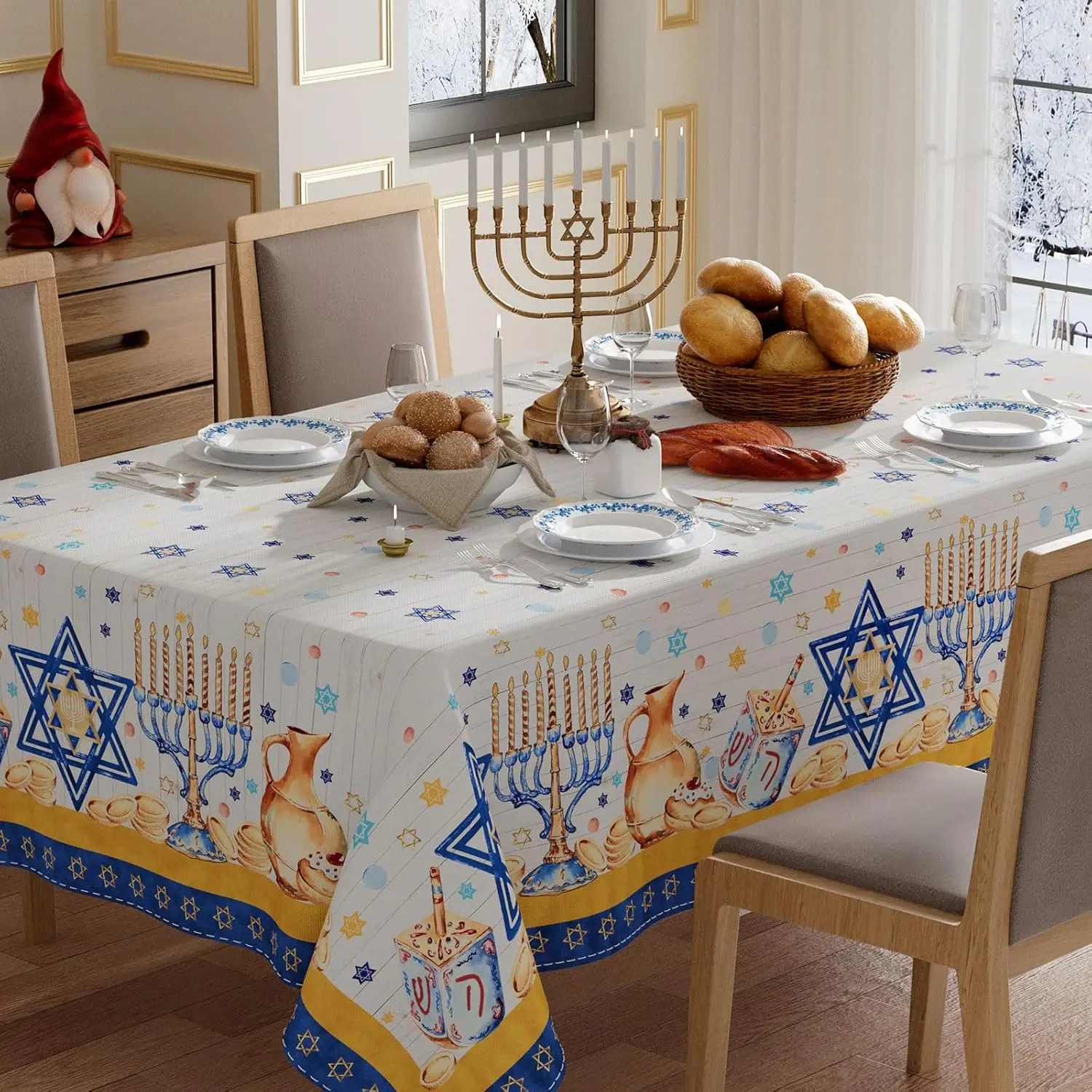 

Six-Pointed Star Dreidel Gelts Hanukkah Tablecloth Table Decor Chanukah Menorah Rectangle Table Cloth Jewish Holiday Party Decor