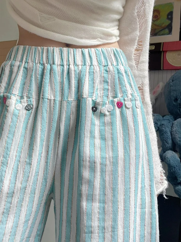 Niebieskie spodnie damskie z bawełny i lnu w paski, letnie, cienkie, luźne, z szerokimi nogawkami, w stylu lazy, proste, z wysokim stanem.