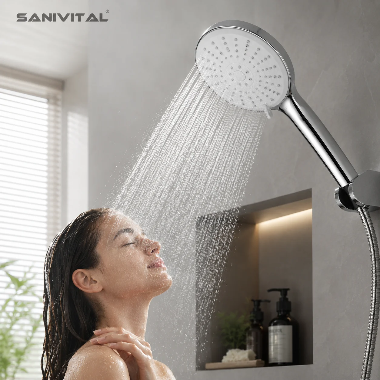 SANIVITAL Shower Head 3 Spray Modes 4.92 Inch Chrome ABS Handheld High Pressure Anti-Clog Bathroom Sprayer