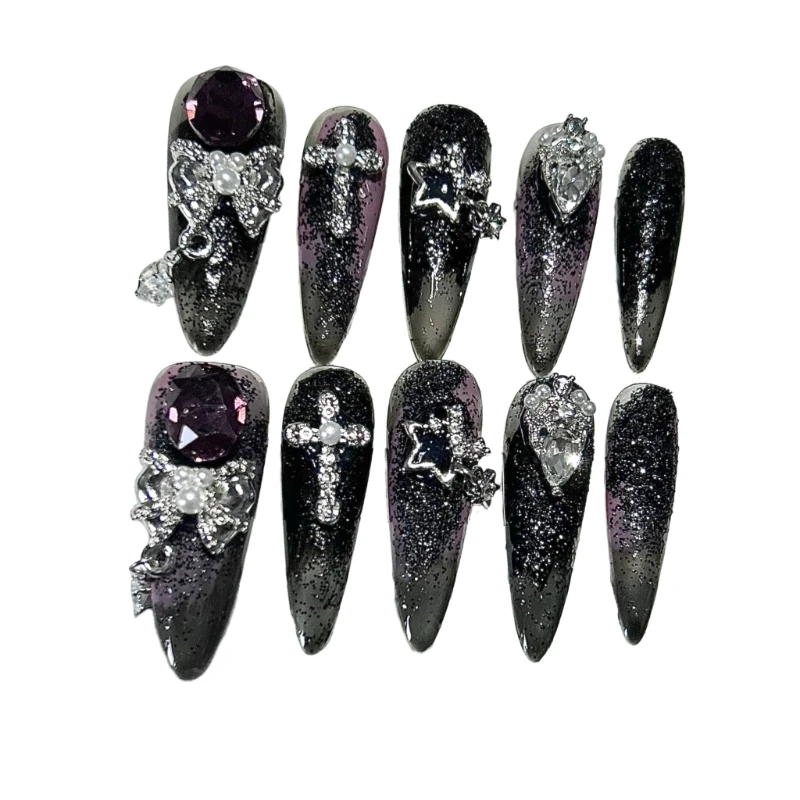 10 pièces de luxe dégradé épices filles noir violet à la main presse sur les ongles arc étoile croix diamant faux ongles amovibles réutilisables