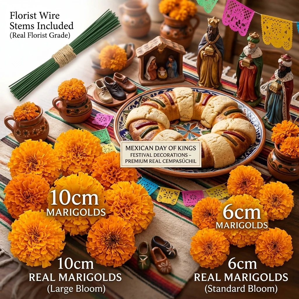 10–100 Stück künstliche Ringelblumenköpfe mit Stielen, Altardekorationen zum Tag der Toten, DIY-Girlande, Kranz, mexikanische Partydekoration – Detail 5