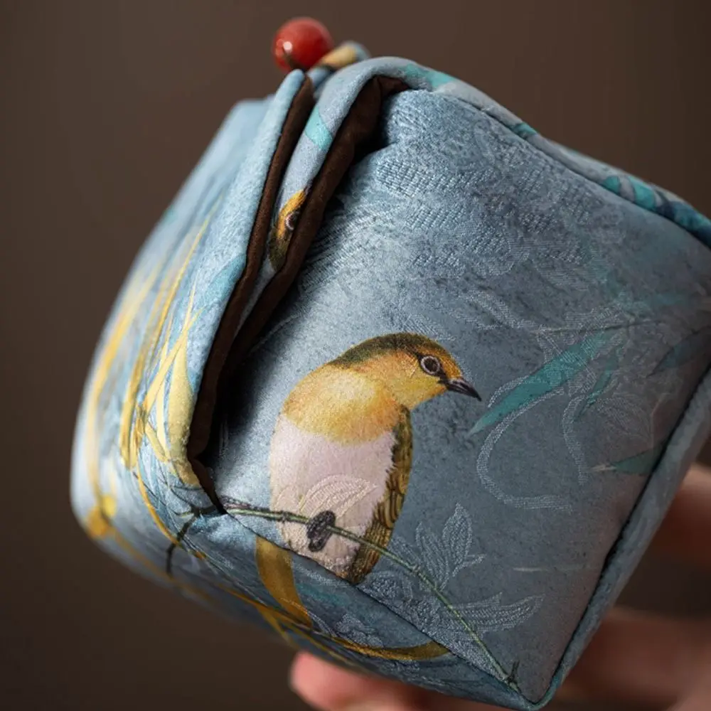 Custodia in tessuto per tazza da tè in stile cinese con bottone a pressione Borsa portaoggetti per stoviglie a prova di rottura Borsa ricamata multifunzionale portatile