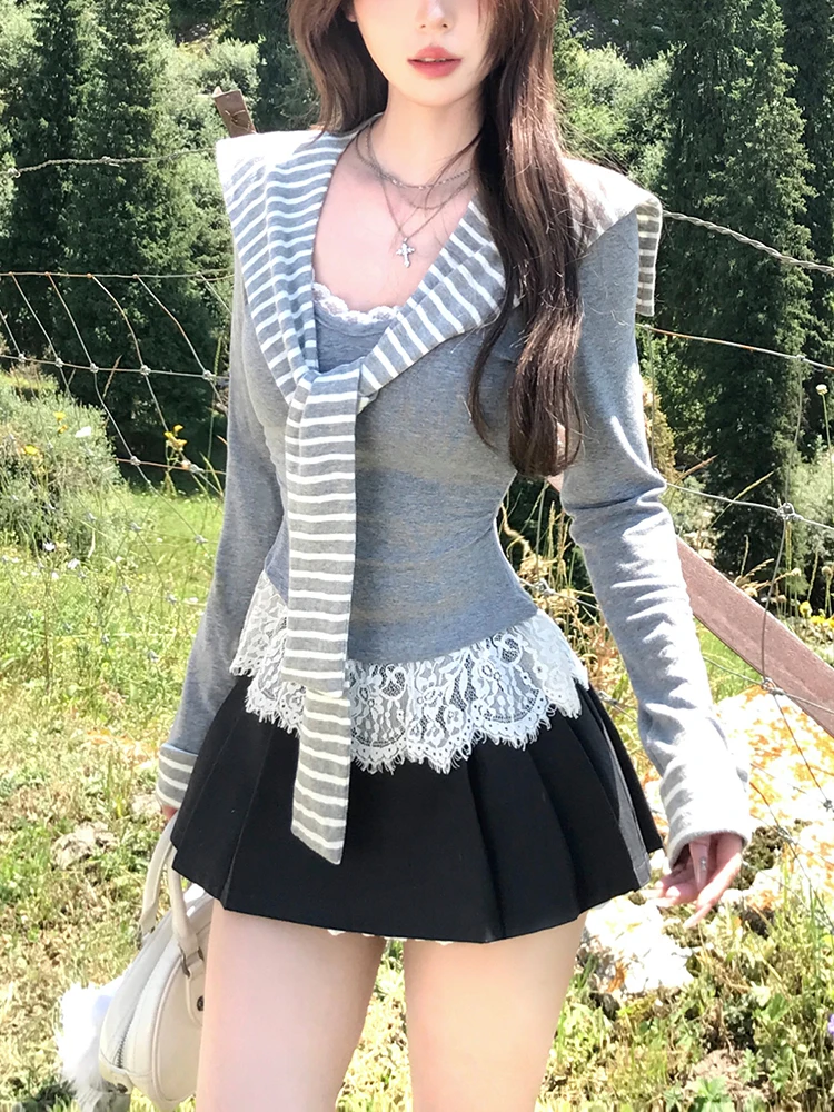 Naval Collar Lace Splice Long Sve T-irt Women's Autumn New Sle Pleated f Skirt Two-Piece Set College Sle Striped ...