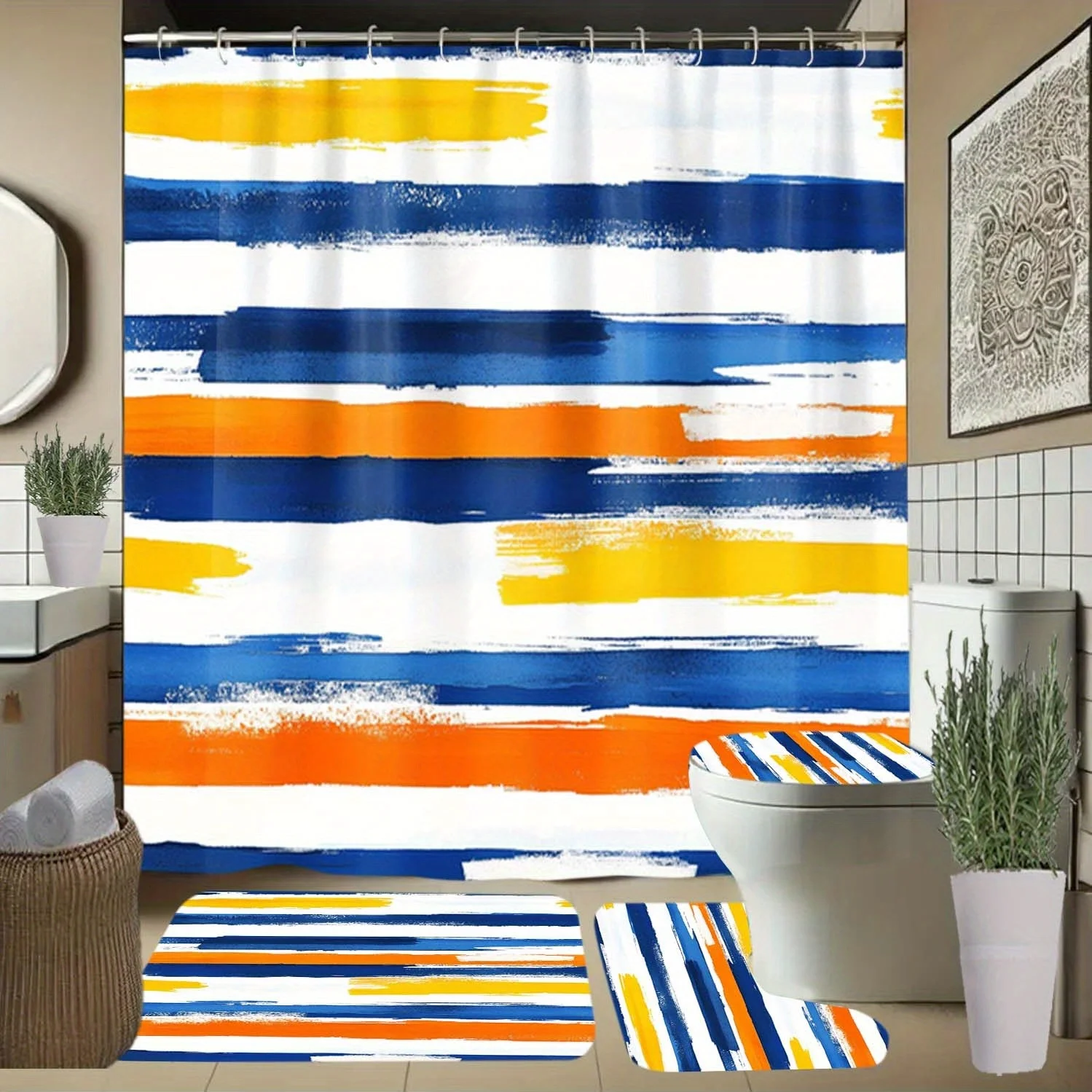 

4pcs Blue and Orange Striped Pattern Shower Curtain with Hooks, Bathroom Partition Curtains, Bathroom Accessories, All-Seaso