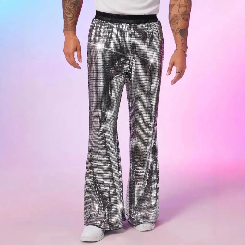 

New Spring Summer Newest Male Silver Color Sequined Long Trumpet Pants For Men's Party Stage Performance Casual Trousers