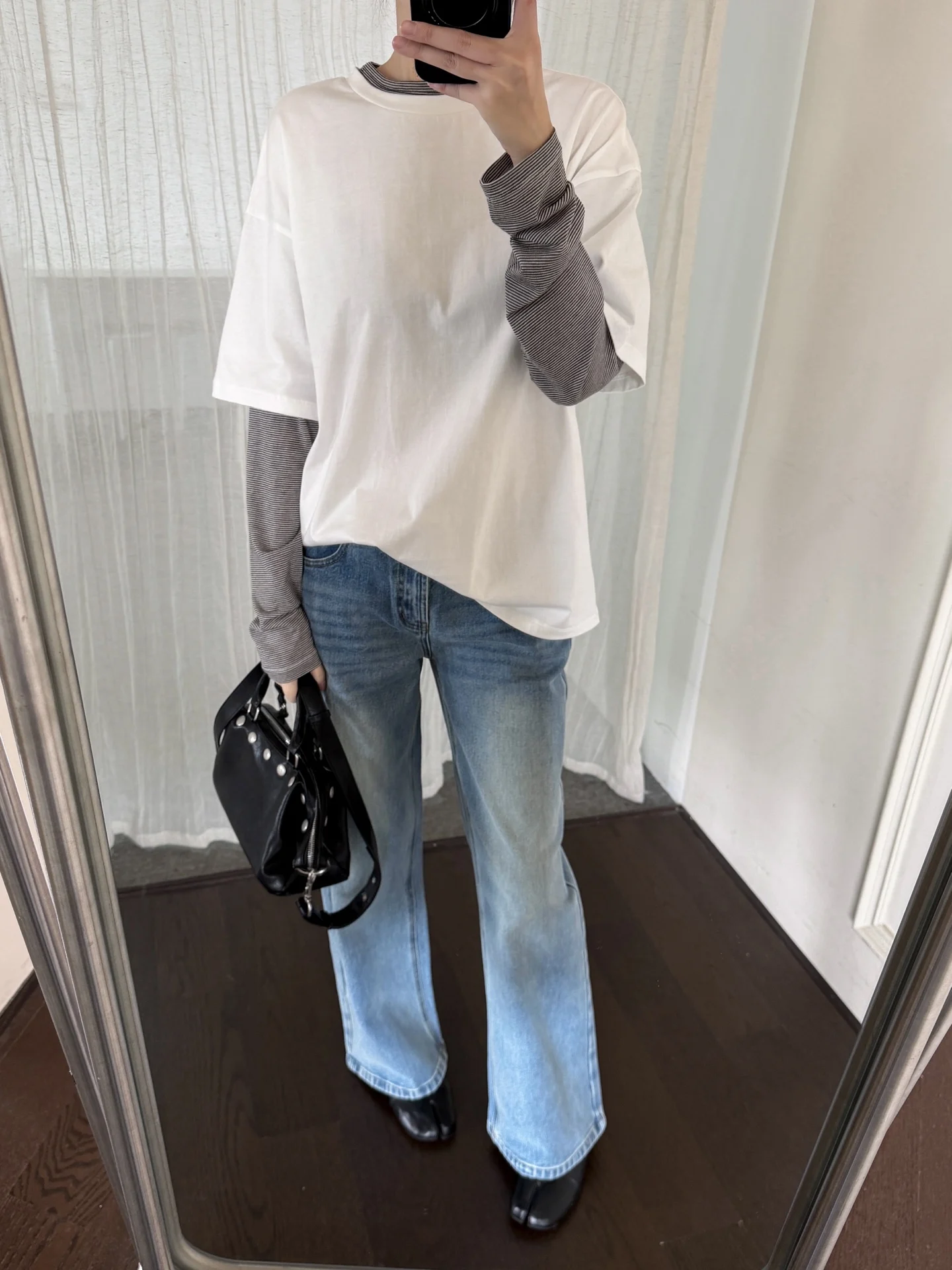 Women Fake Two Piece Long Sleeve T-Shirt, Striped Contrast Neck Layered Look Oversized Tee, Casual Patchwork Stripe Sleeve Top