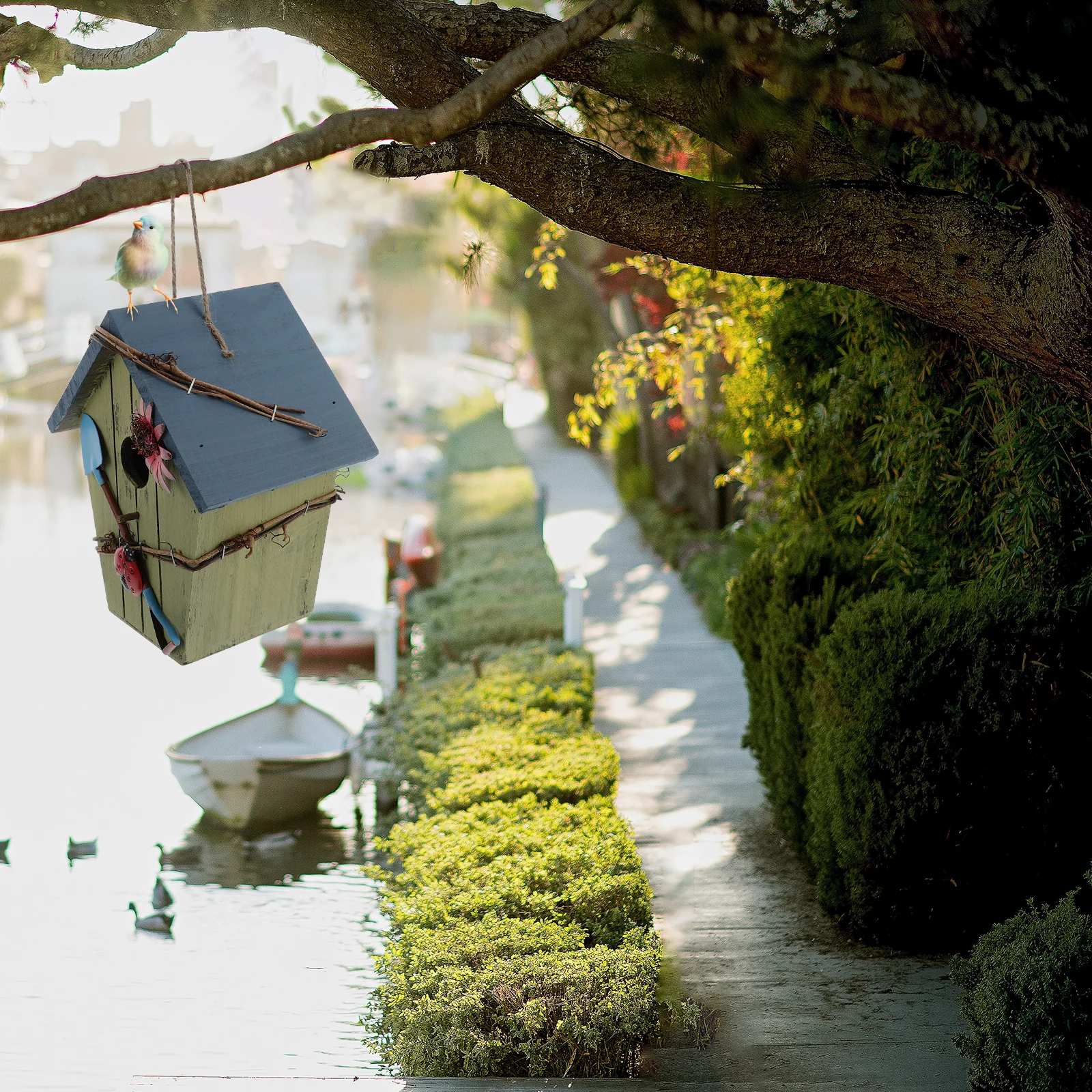 

Blue Roof Wooden Bird House Creative Bird Shelter Garden Art Crafts Garden Birds Shelter Art Crafts Home Decoration