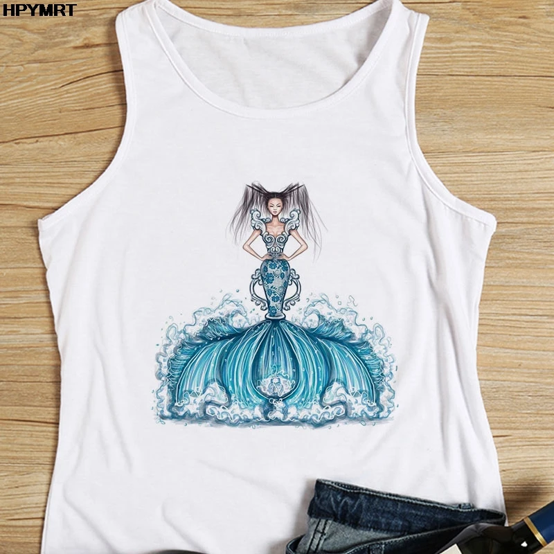 Sexy White Tank Tops Women Aquarius Print SleeveLess Lady Top Ladies Women's Harajuku constellation Graphics Vest Female Clothes