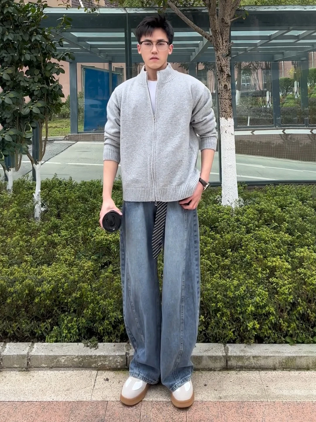 

Light Blue Diagonal Cut Straight Leg Men's Jeans High Street Vibe Waed out Bootcut Pants Cleanfit Flared Long Trousers