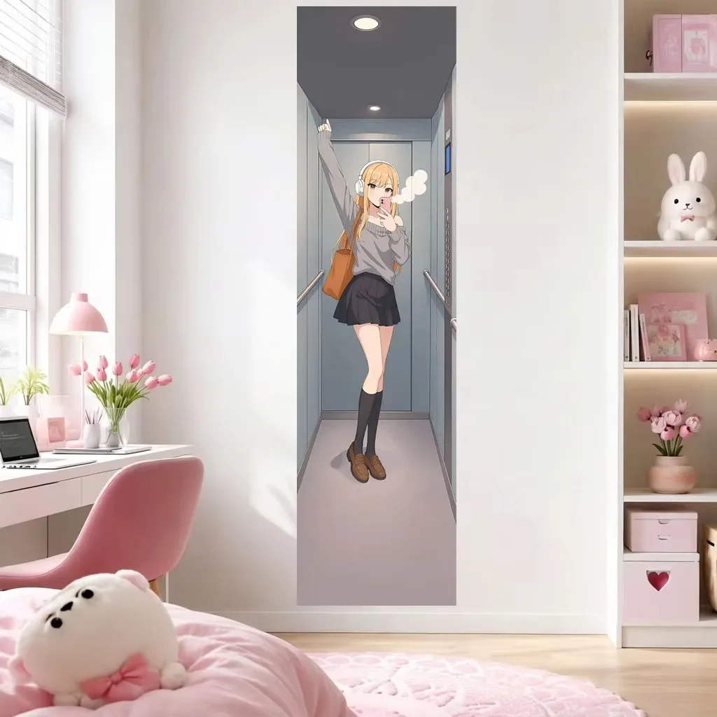 Kawaii Anime Girl Headphone Selfie Tapestry, Pleated Skirt Soft Pastel City Wall Hanging for Teen Dorm Bedroom Decor Gift