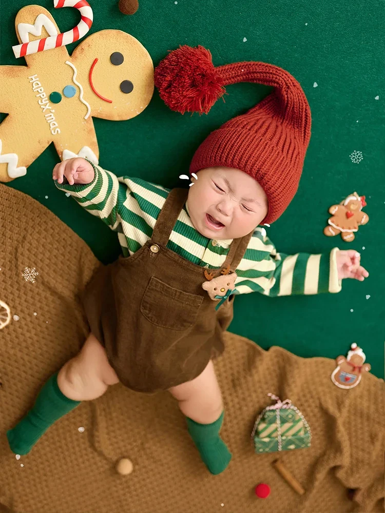 Christmas Theme Baby Photography Clothing 3-5 Months Baby Knitted Hat+Long Sleeve+Pants+Socks Set Studio Growth Memorial Photo