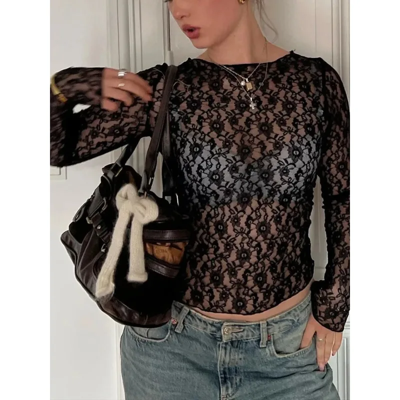 

Long Sleeves See Through Lace Crop Top Solid Sexy Bodycon T-Shirt For Women Party Club Autumn Winter Clothes