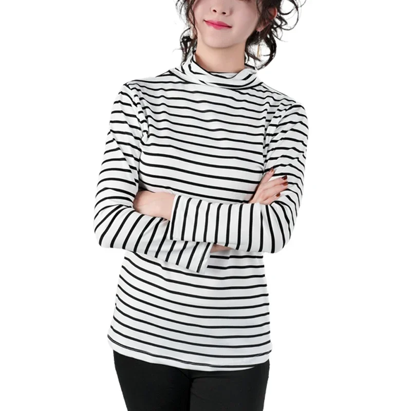 2pcs Women Spring Autumn Classic Stripe Thin Warm Long-sleeved T-shirt Fashion High Collar Slim Elastic Thermal Knitting Top