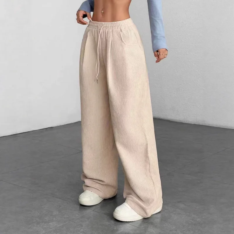 

Women's Brown Corduroy Wide-Leg Pants High Waist Drawstring Elastic Waist Casual Loose Long Trousers With Pockets