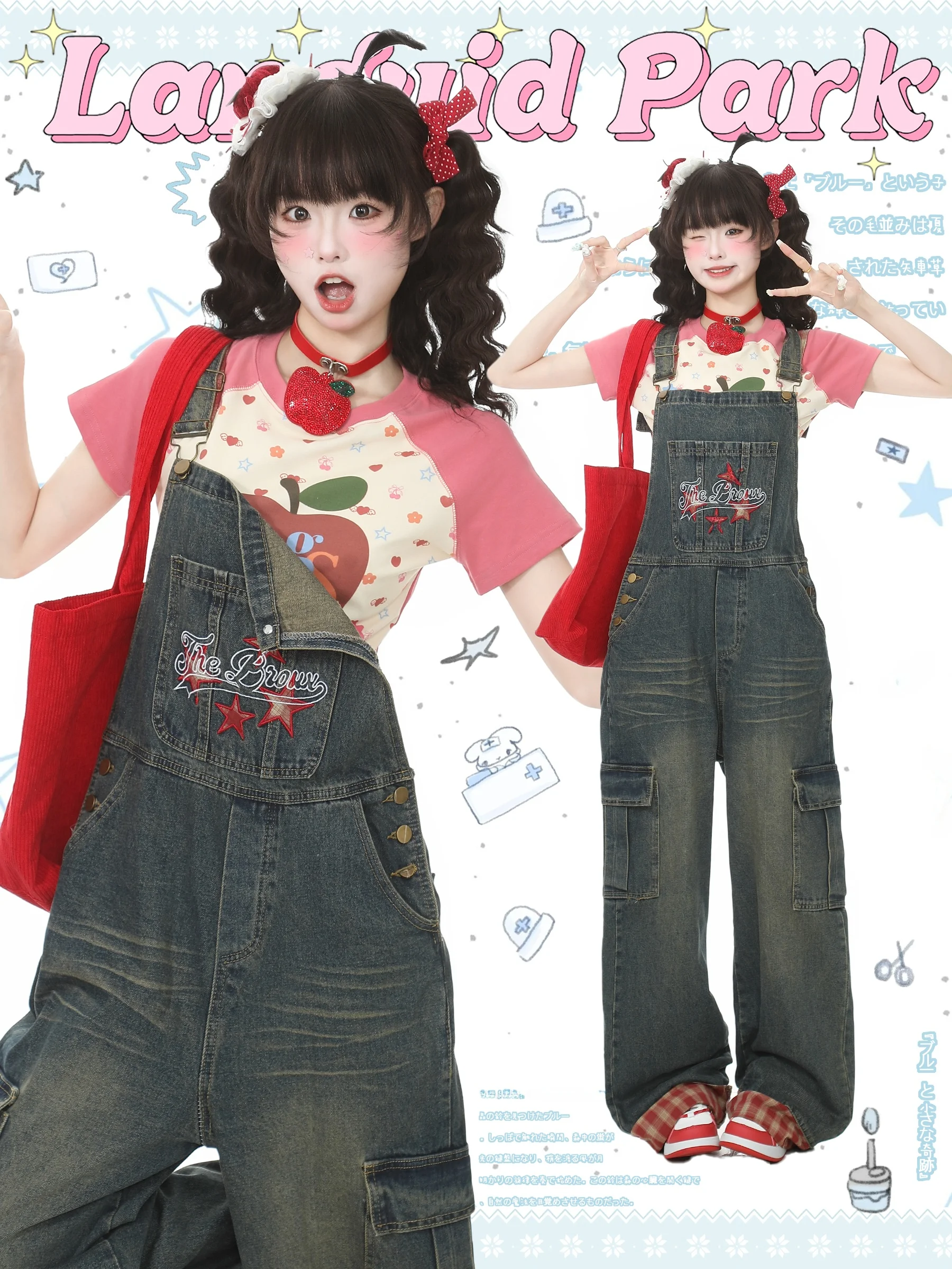 

Джинсовый комбинезон Blue Ghost Park Languid Park с вышивкой и клетчатым узором, женский, летний, повседневный, прямой крой, из хлопка, с естественной линией талии