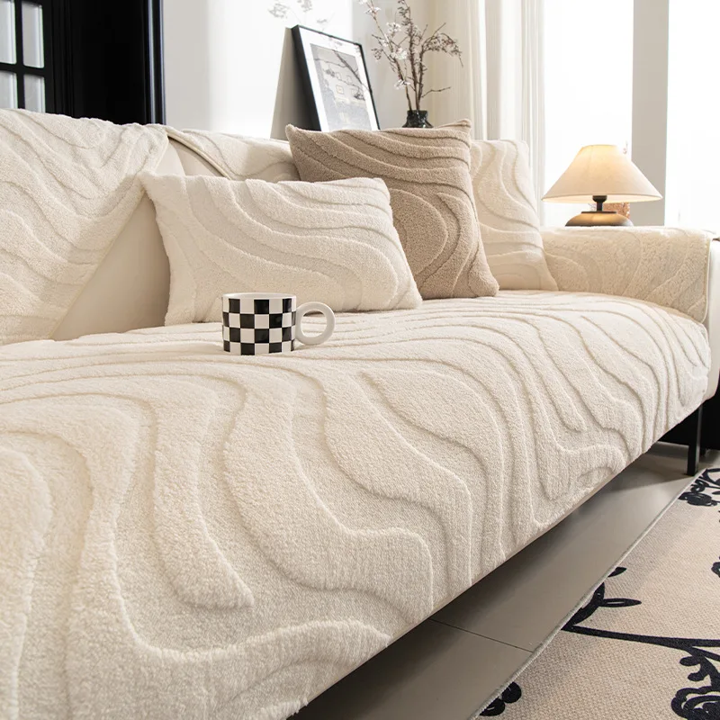 Solid Velvet Jacquard Sofa Cushion Foldable Machine Washable Winter Warm Cloth Towel Anti-Slip Armless Couch Slipcover for Home