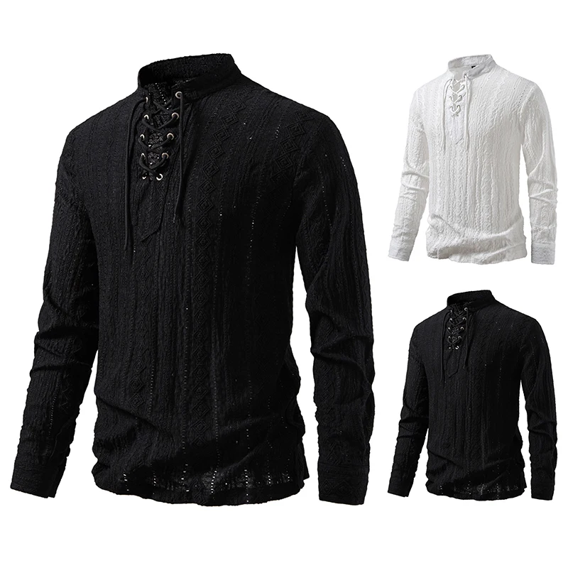 Men Long Sleeve Shirts Henry Collar Mens Dress Shirts Casual Male Drawstring Style Clothes Chemise Hemd Homme Shirt H261