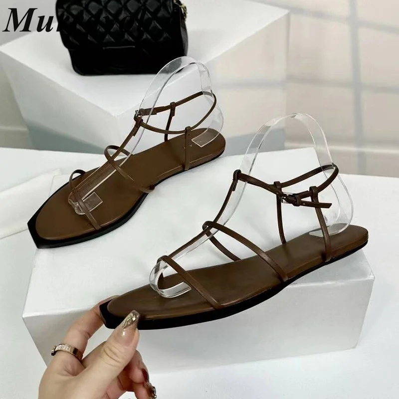 

Genuine Leather Thin Strap Flat Heels Sandalias Women Open Toe One Strap Sandals Summer Vacation Sandy Beach Shoes Gladiator