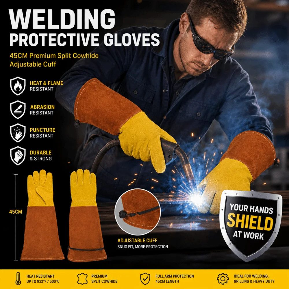 Cowhide Long Gardening Gloves Breathable Non Slip Rose Pruning Leather Gloves Heat-Insulated Thorn Proof Welding Work Gloves