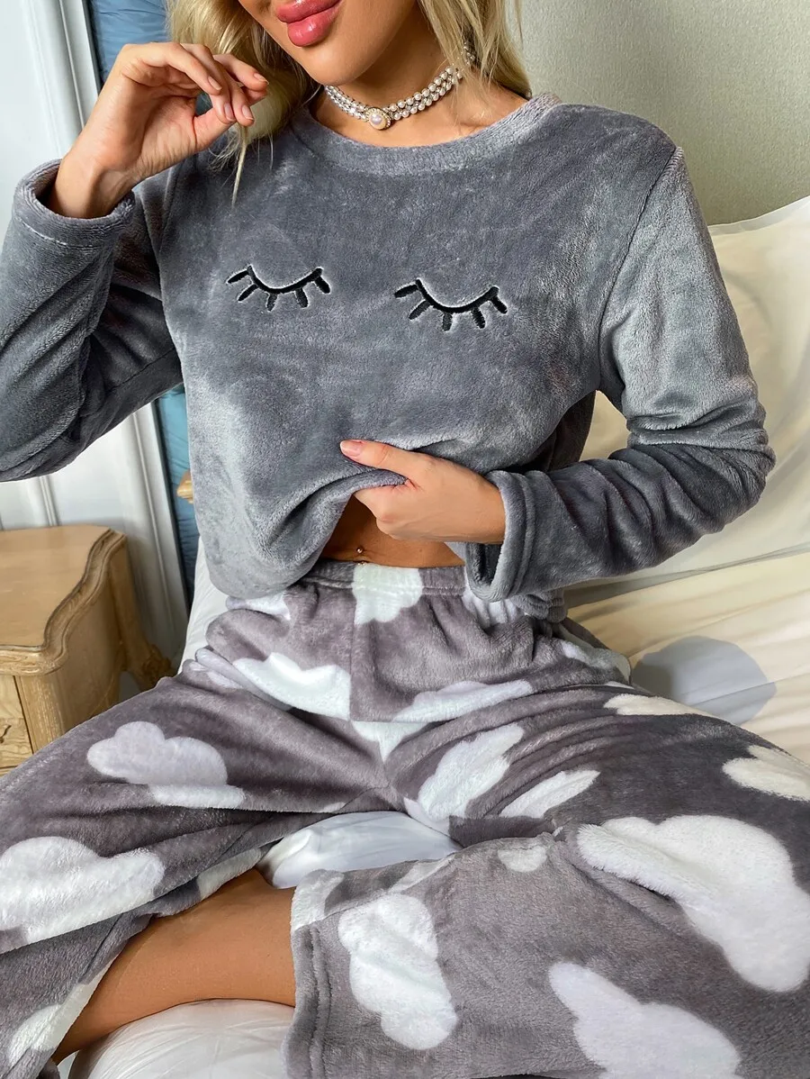 

Gray Flannel Pajama Set with Embroidered Eyelash Design, Long Sleeve Top & Cloud Print Pants