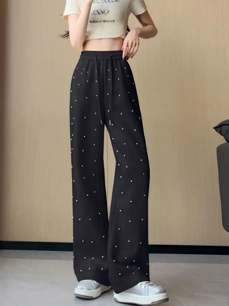 Fashionable Diamond-inlaid Wide-leg Women Spring and Summer Elastic High Waist Drape Straight Slim Casual Pants
