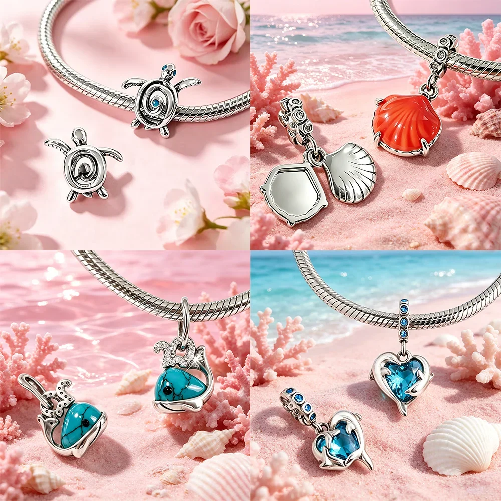 Two-tone Starfish Shell CZ Original Charms 925 Sterling Silver Beads Fit Bracelets Bag Keychain Charms Diy Women Gift Accessory