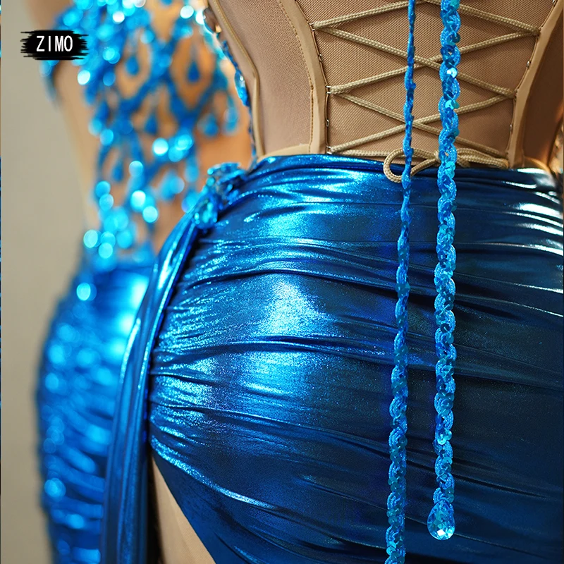 Vestido de lentejuelas con diamantes de imitación azules para mujer, traje Sexy con espalda descubierta para fiesta, Club, cumpleaños, boda, Pole Dance, actuación en escenario, personalizado, nuevo