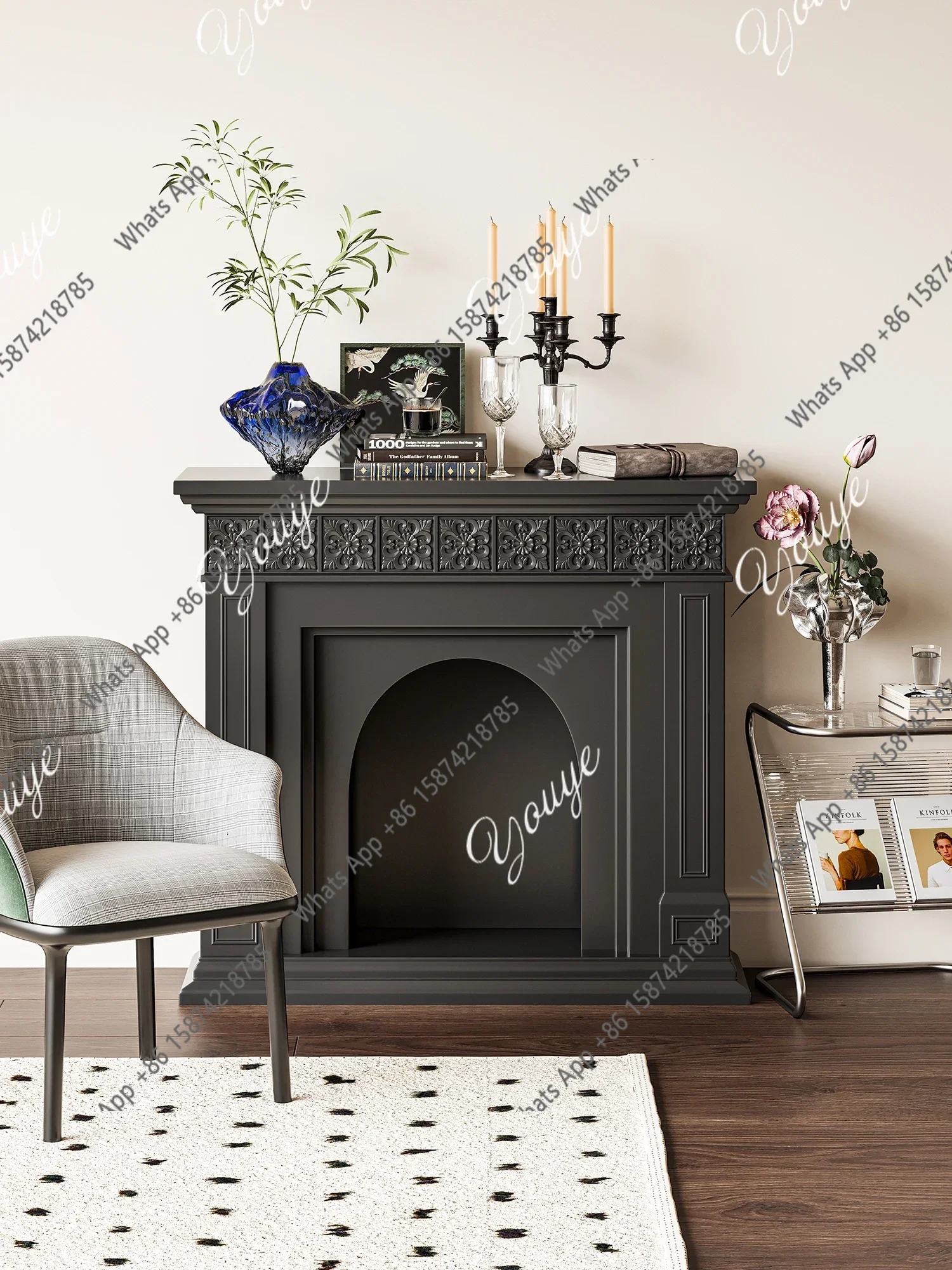 XN63 French Retro Pattern Fireplace Living Room Home Decoration Storage Fireplace Cabinet Black Wall Side Cabinet