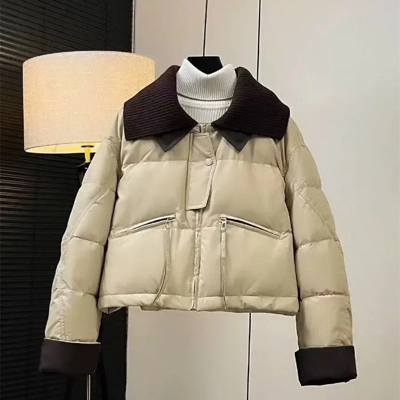 2023 neue Frauen Kurze Baumwolle Mantel Parkas Herbst Winter Unten Baumwolle Jacke Stricken Revers Kragen Winddicht Warme Mantel Verdicken