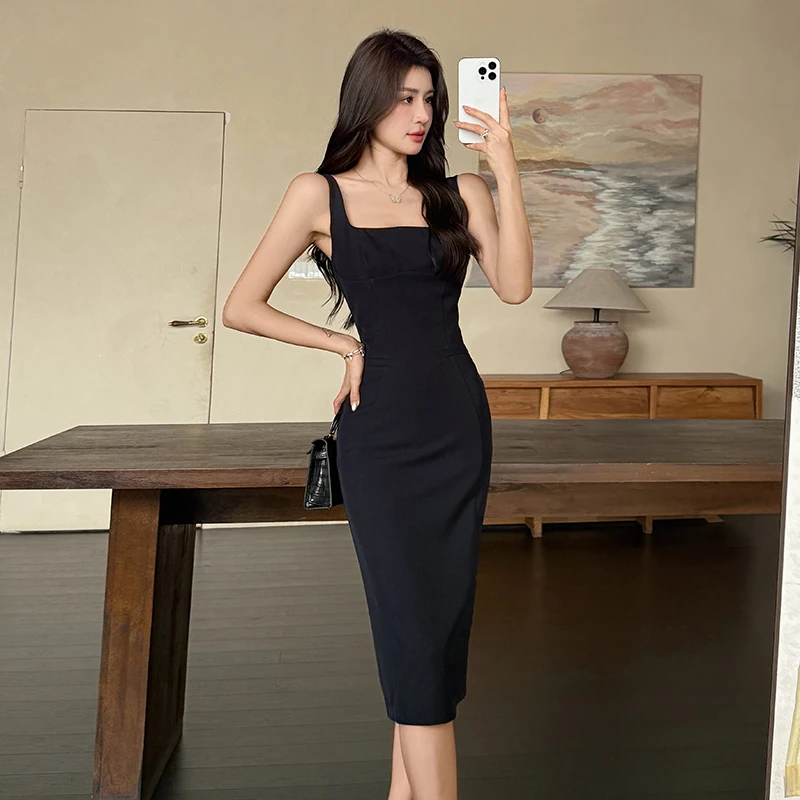

Simple Style 2025 Summer Square Neck Navy Blue Black Suspender Dress Slim Fit Party Club Formal