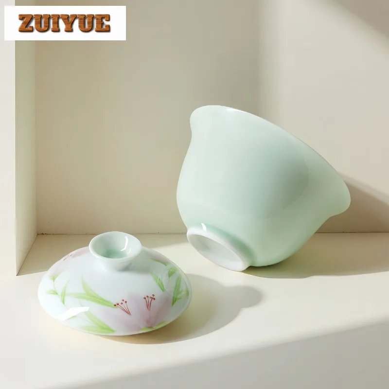 130 مللي الأخضر رسمت باليد الزنبق البري Gaiwan خمر الشاي تورين براد شاي مع غطاء عدة صنع الشاي غطاء وعاء درينكوير الديكور #2