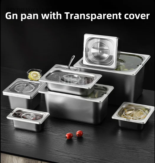 Rectangle basin tray with transparent Acrylic lid GN Pan stainless Food Steel Pan Chafing Buffet Milk Tea Shop Seasoning Box