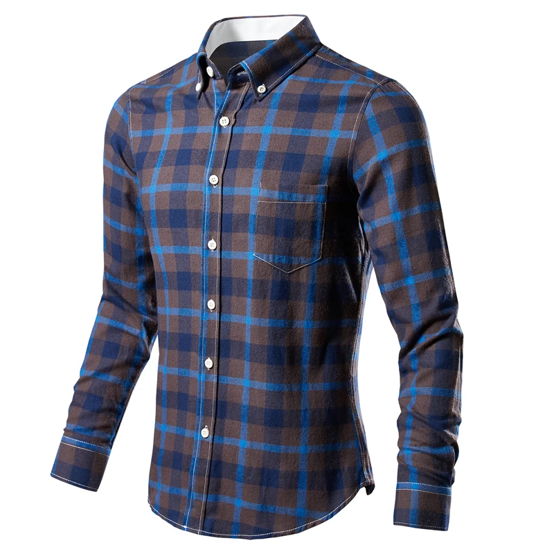 Men\'s Plaid Shirt Long Sleeve 100% Cotton Casual Slim Buttons Business Social Dress Shirts Blouse Men Clothing